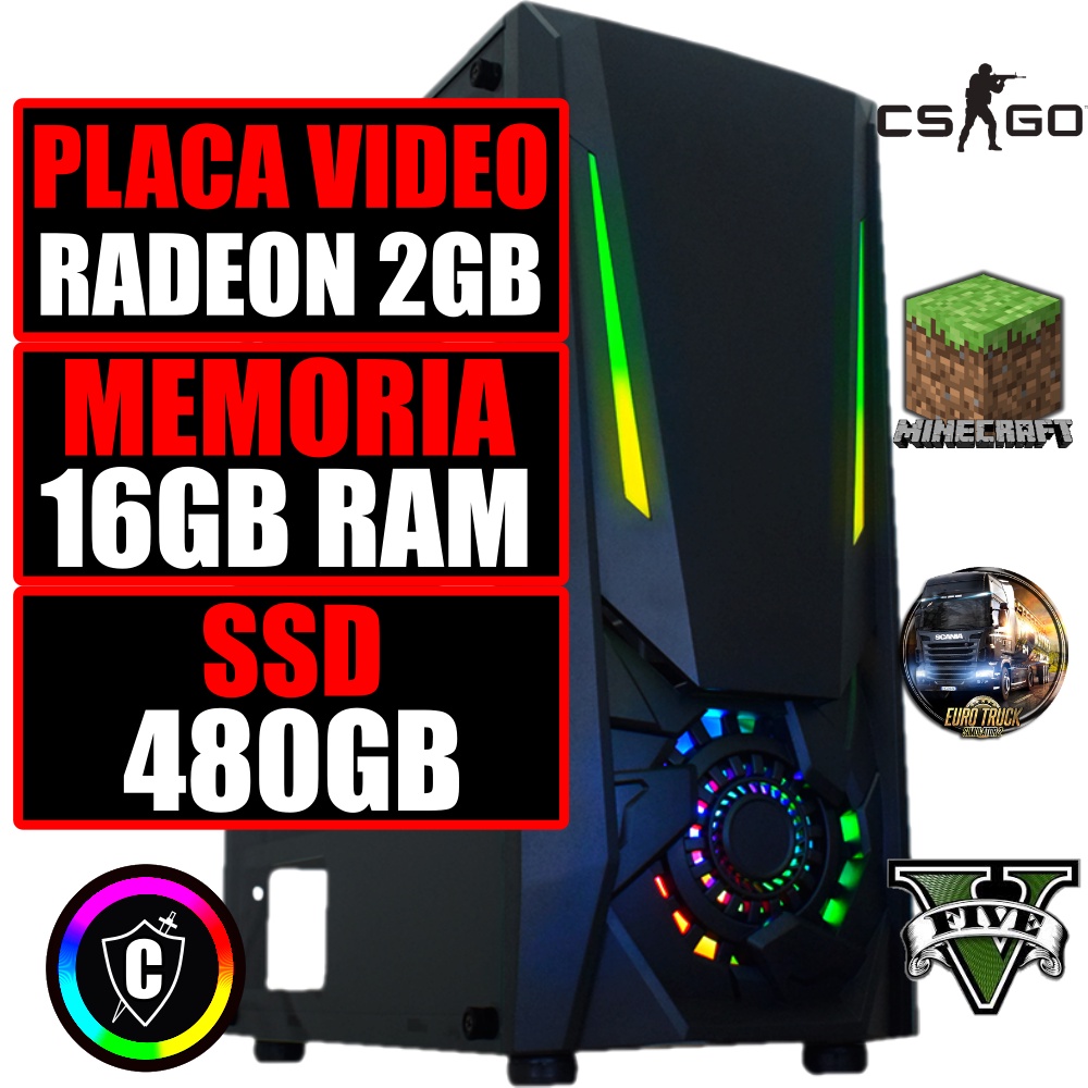 PC Gamer Completo AMD 6-Core CPU 3.8Ghz 8GB (Placa de vídeo Radeon R5 2GB)  SSD 240GB Kit Gamer Skill Monitor HDMI LED 19.5 com o Melhor Preço é no Zoom