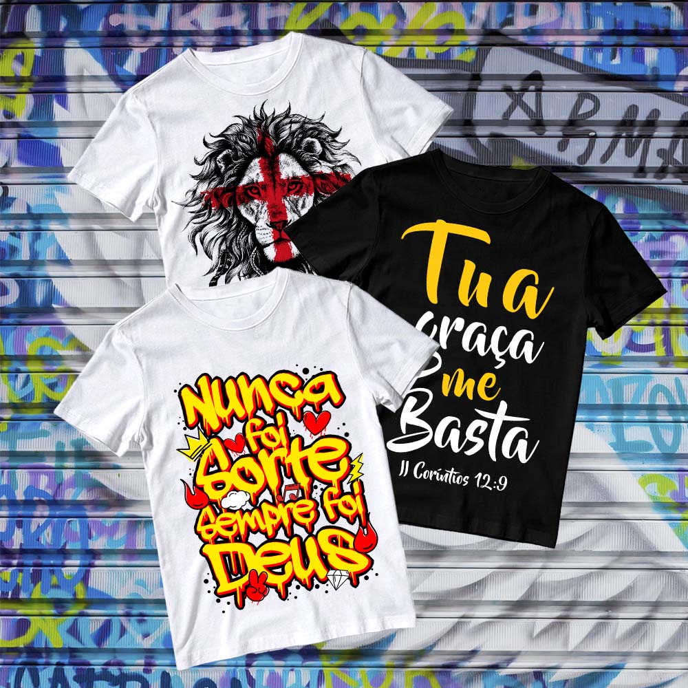 Kit 3 Camiseta Blusa Masculina Estampada Evangélica Gospel Igreja Célula  Frase Versículo Jesus Cristo Grupo Jovens Leão de Judá Cruz Fé Tua Graça Me  Basta Cristão