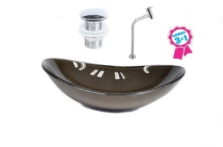 CUBA DE VIDRO OVAL 47CM MARROM + VÁLVULA CLICK + TORNEIRA DE METAL