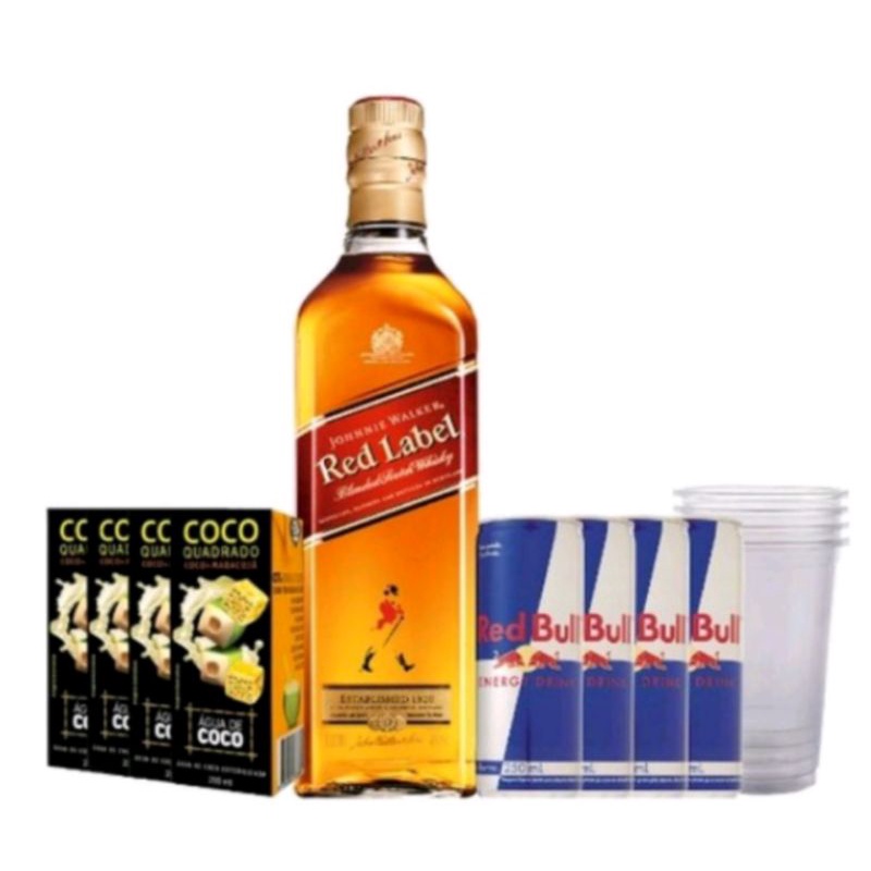 combo whisky Red Label 1Litro + 4 Redbull 250ml + 4 águas de coco.