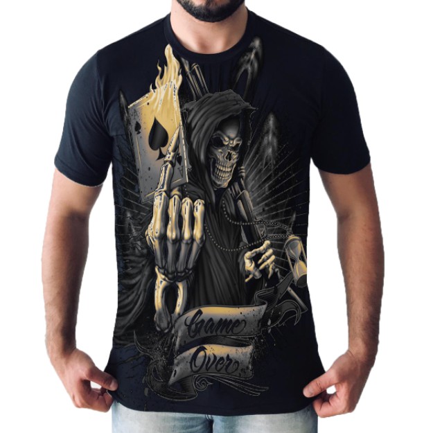 Camisa Camiseta Caveira Game Over - Baralho Poker Caveira Morte Skull