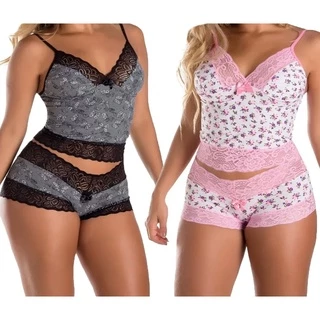 Kit 2 Short Doll Feminino Pijama Baby Doll Sensual em Renda Microfibra