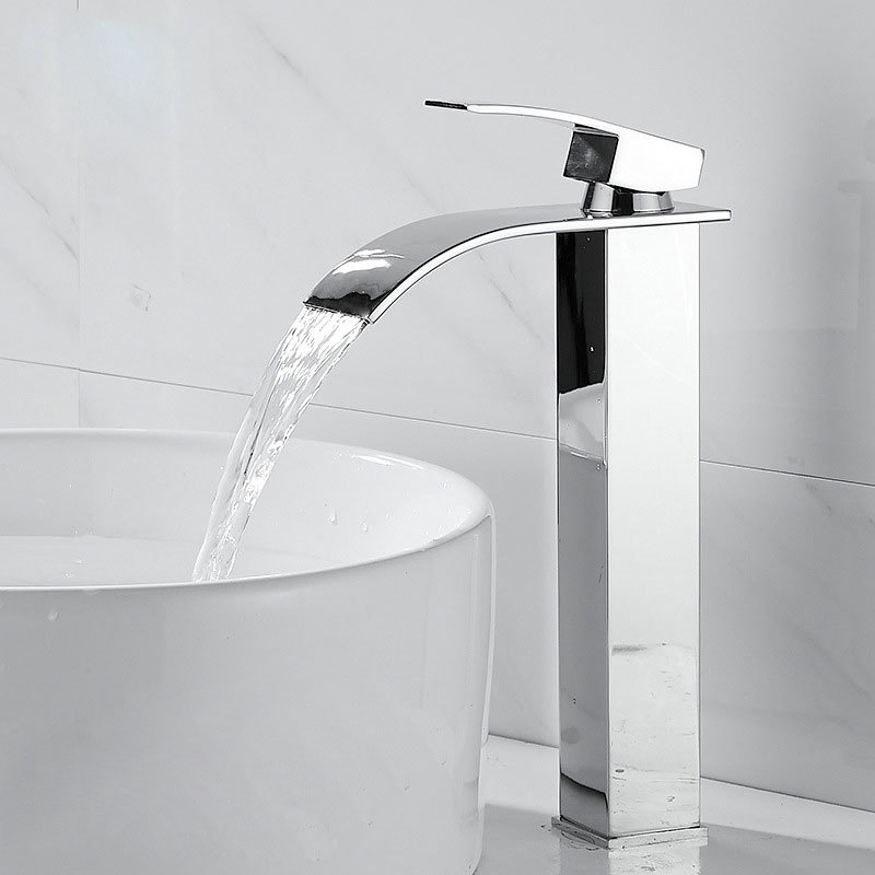 Torneira Banheiro Cuba Metal INOX Lavatório Cascata Curva Alta Preta Misturador Água Quente Fria - TB003C