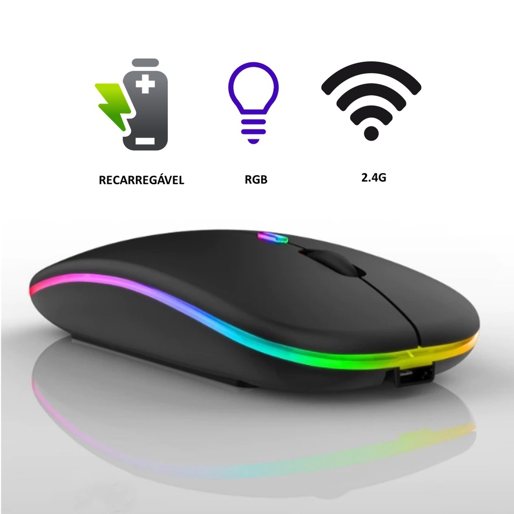 Mouse Sem Fio Wireless Com Bateria Interna Recarregável 2,4 Hz Led RGB Home  Office