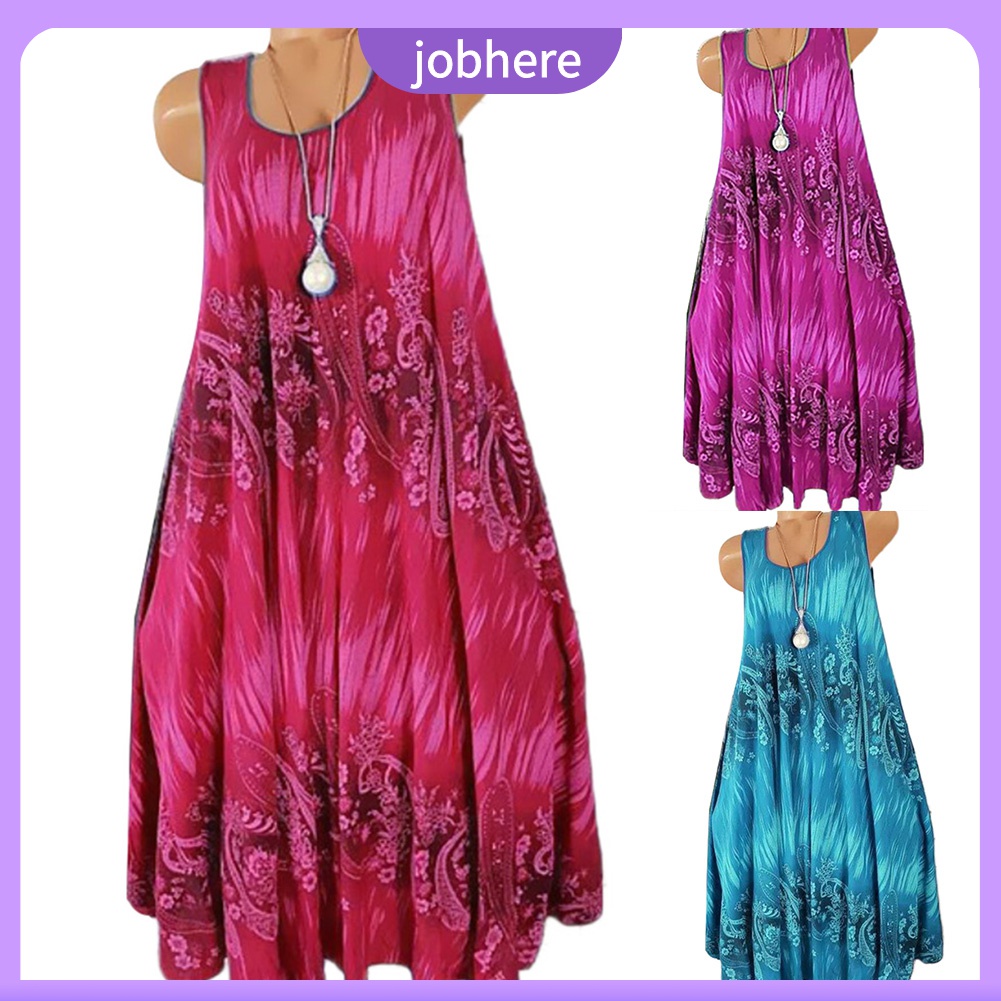 Jobhere Vestido Feminino De Verão Com Estampa Floral/Gola Redonda/Sem Mangas/Plissado/Folgado/Plus Size