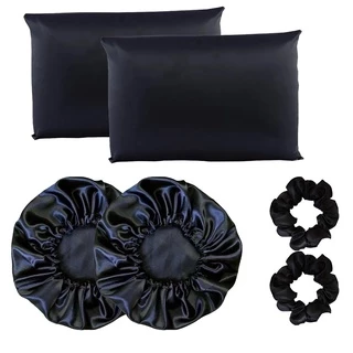 Kit Completo Cetim Anti Frizz 2 Fronhas + 2 Touca+ 2 Scrunchie Tratemento Cabelo Preto