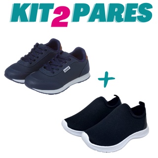 Kit 2 Pares de Tênis Infantil Masculino Menino Jogging Marinho e Calce Fácil Preto Kidstep