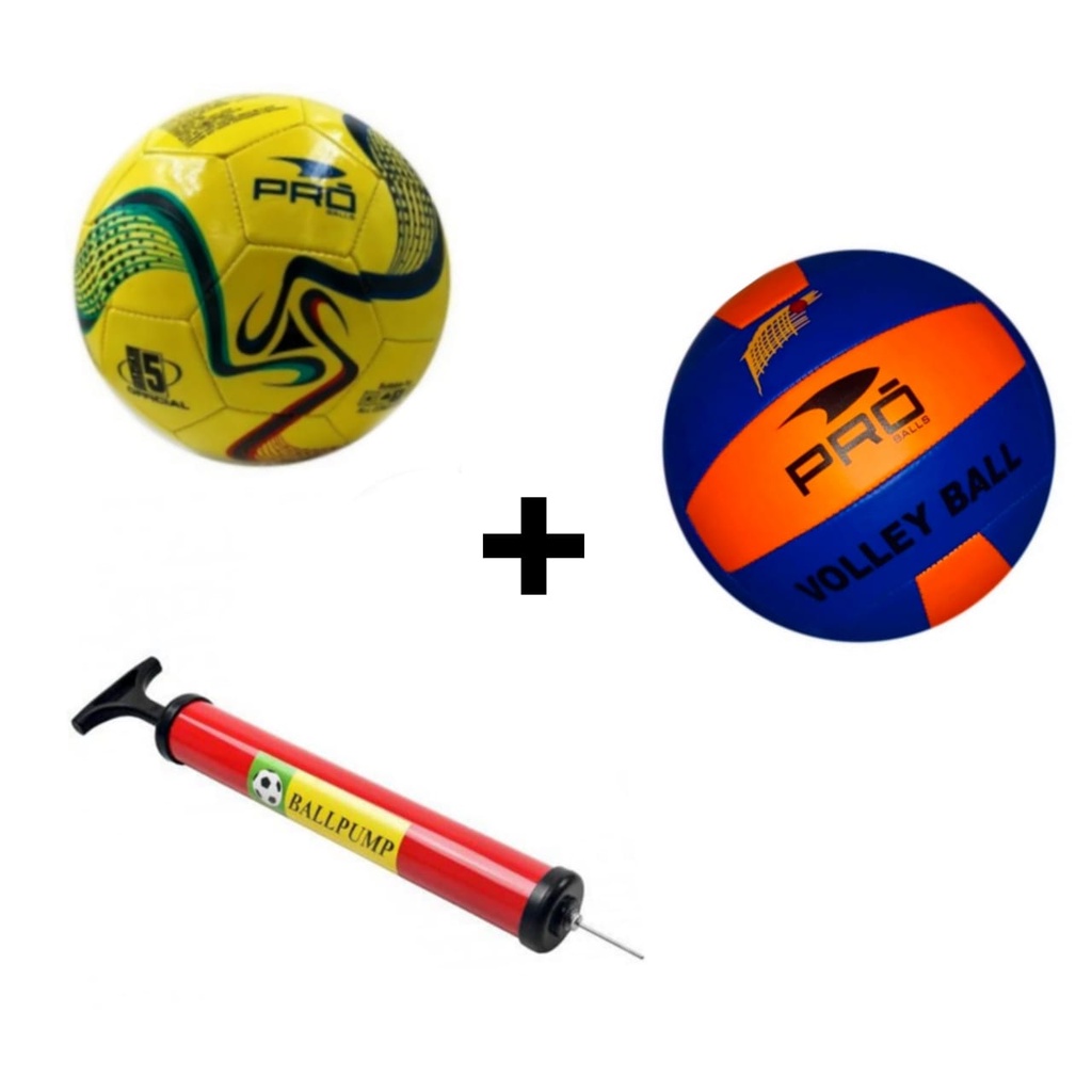 KIT Bola De Futebol Campo Tam 5 + Bola de Vôlei Praia/Quadra + Bomba de Ar Manual