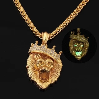 Colar Pingente De Cabeça De Leão Da Coroa Para Homens Acessórios De Moda Com Diamante Inlay Luminoso Hip Hop Party