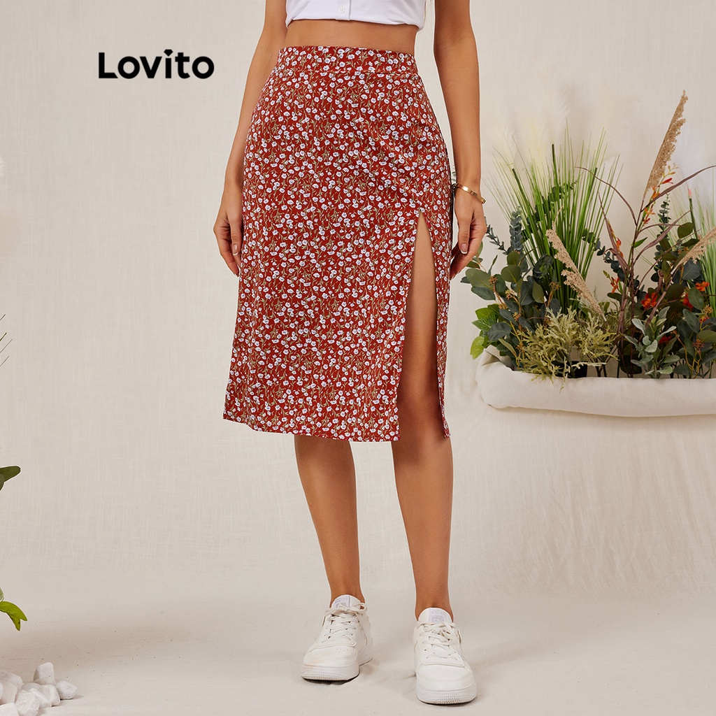 Lovito Saia Casual Floral com Fenda L18D019(Vermelho/Azul Escuro)
