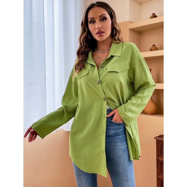 Camisa Feminina SHEIN Manga Longa Verde Camisão Alongado de botão PLUS size  Curve