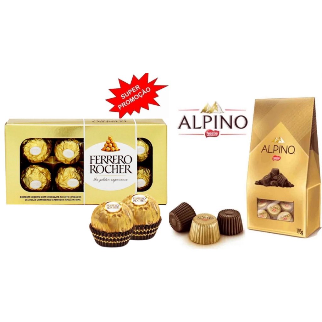 Kit Chocolate Ferrero Rocher 8 Bombons de Avela c/ Chocolate Alpino