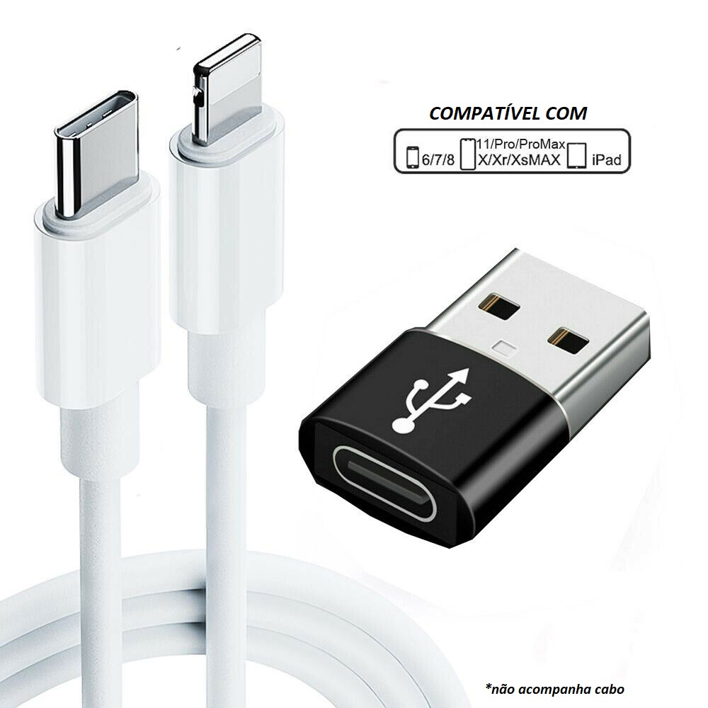 Adaptador Cabo Carregador iPhone Samsung S20 Tipo C Fêmea x USB Macho Type C Conector Conversor Para Carregamento Transmite Dados e Carga