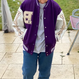 Homens Roxo Jaqueta Do Time Colégio De Beisebol Unisex Osso Carta Hip Hop Harajuku Coréia Streetwear Verde/Preto
