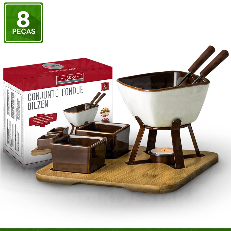 Conjunto Fondue Bilzen 8 Peças Panela Cerâmica Fundi Para Chocolate E Queijo