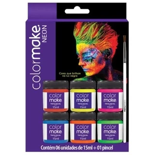 Kit Tinta Facial Fluor Neon c/ 06 cores - Brilha na Luz Negra 15ml + Pincel - Maquiagem Artística - Secagem Rápida e Total - Color Make Tinta Facial Neon - Colormake Neon
