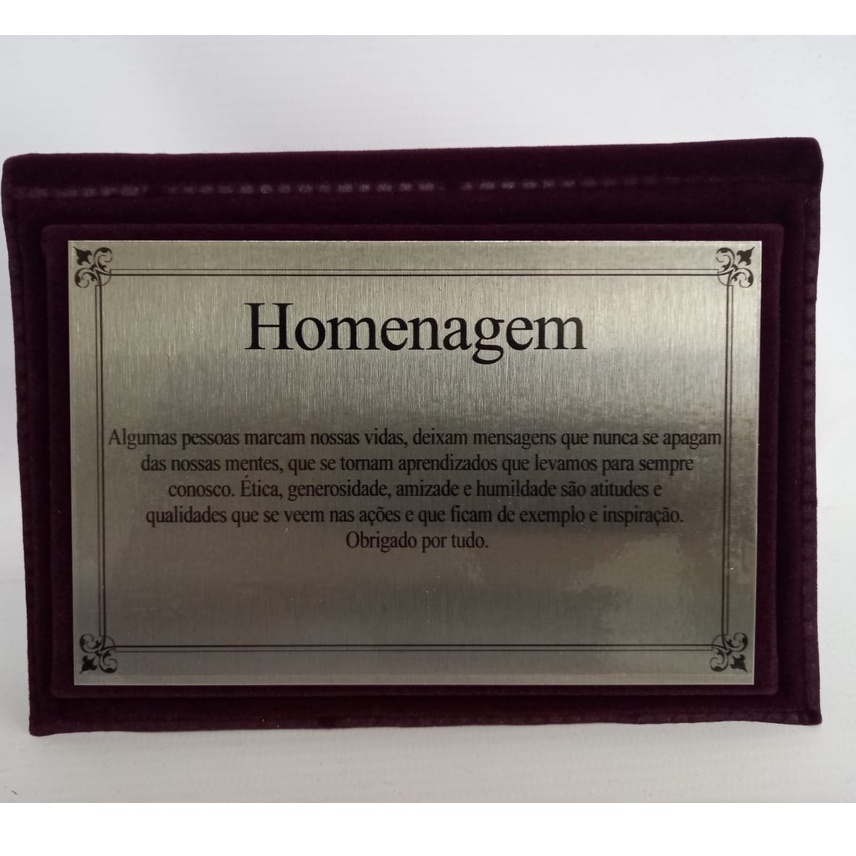 Placa de Homenagem em Aço Inox 14cm x 9cm com Livrinho de Veludo Bordo ...