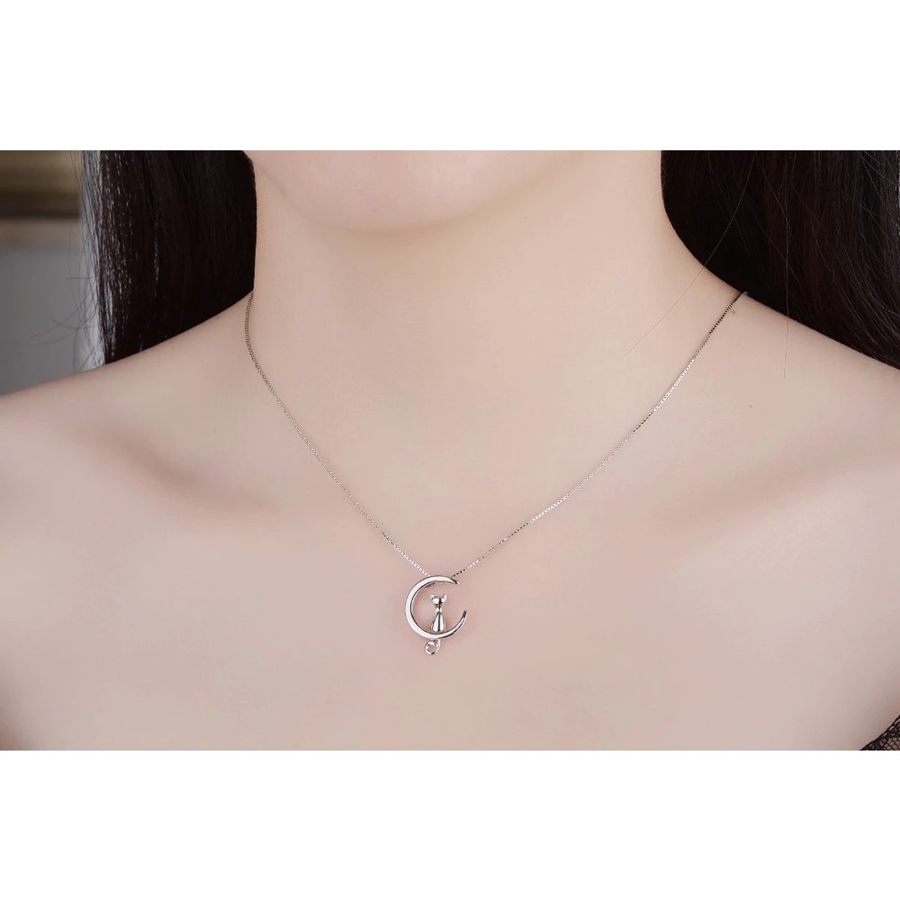 Colar Feminino Corrente Choker em Prata Esterlina 925 & Pingente Gato e Lua 45cm