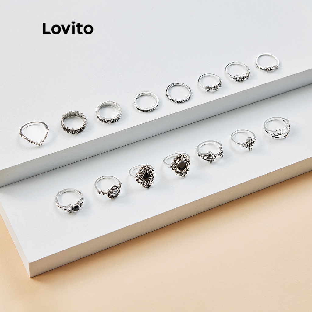 Lovito Conjuntos de Anéis de15 peças Vintage de Alvenaria com Decoração de Pedra Preciosa Falsa Strass L17M442 (Prata)