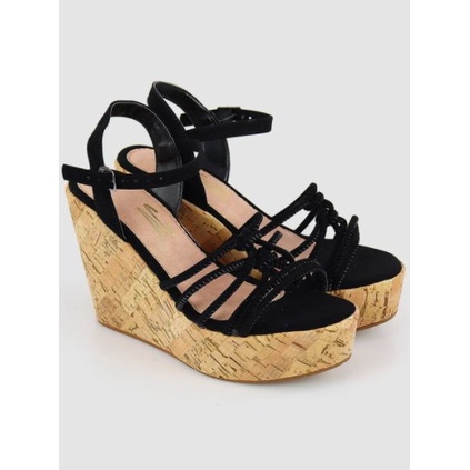 Sandália Anabela Salto Grosso Cortiça Napa Preto