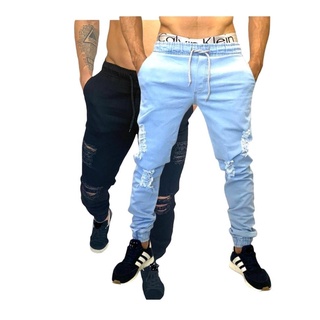 Kit 2 Calça Jogger Masculina Estilo Jogador Apertada Skinny Slim Fit Calca Destroyer Destruida
