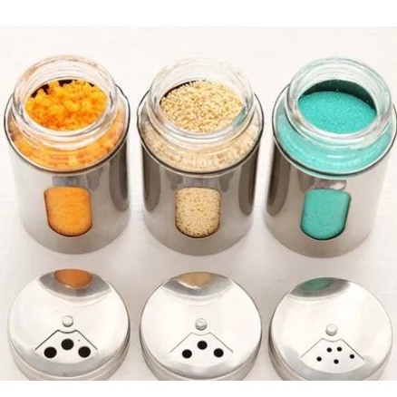 Saleiro Pimenteira Porta Condimento Aço Inox Com Visor em Vidro Regulagem na Tampa Pimenteiro Porta Temperos Contém 1 unidade