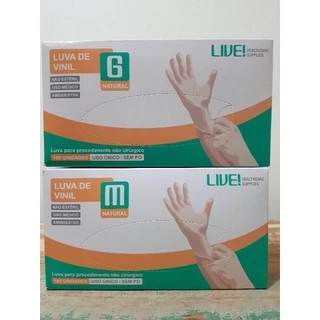 LUVA DE VINIL LIVE TAMANHO (M) e (G) SEM PÓ / E (P) LATEX COM PÓ CAIXA COM 100 UNI