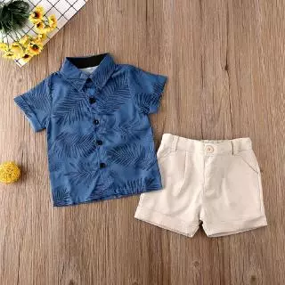 Kids Boys Summer Gentleman Formal Set Lapela De Verão Deixa Tops De Impressão Com Calções Sólidos