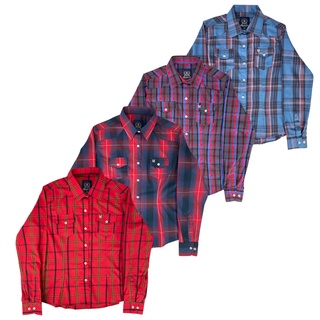 Camisa Feminina Minuty Xadrez Vermelho Chumbo Azul e Azul Escuro Country Com Bolsos