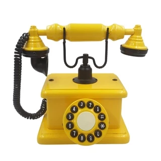 Telefone Antigo Retrô De Mesa em Madeira e Metal Amarelo
