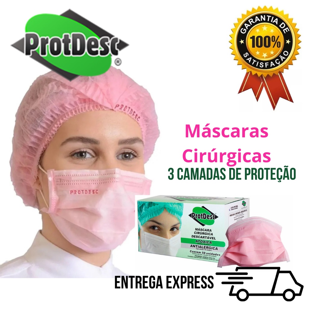Máscara Tripla Cirúrgica Descartável Rosa - cx com 50 unidades ...