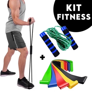 Kit Fitness Completo Elástico Extensor Cross Tube + Corda de Pular + 5 Faixas Elásticas