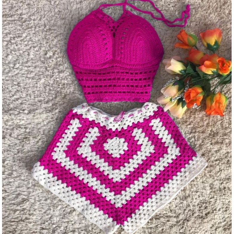 conjunto de croche cropped e short saída de praia blogueira moda feminina