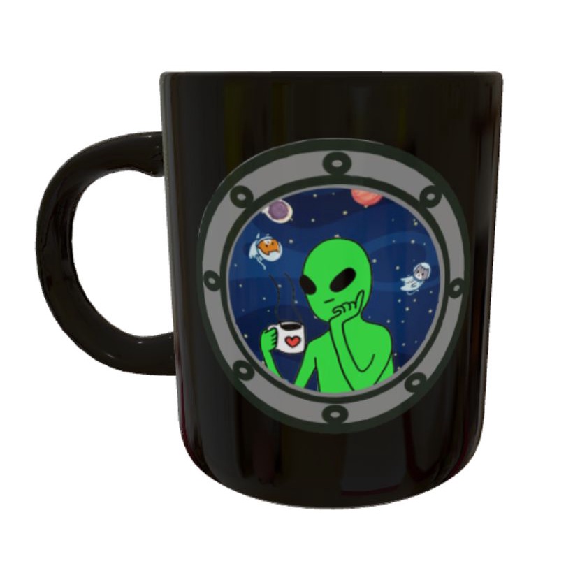 Um alien bonito está trazendo uma xícara de café em um logotipo de desenho  de ovni premium