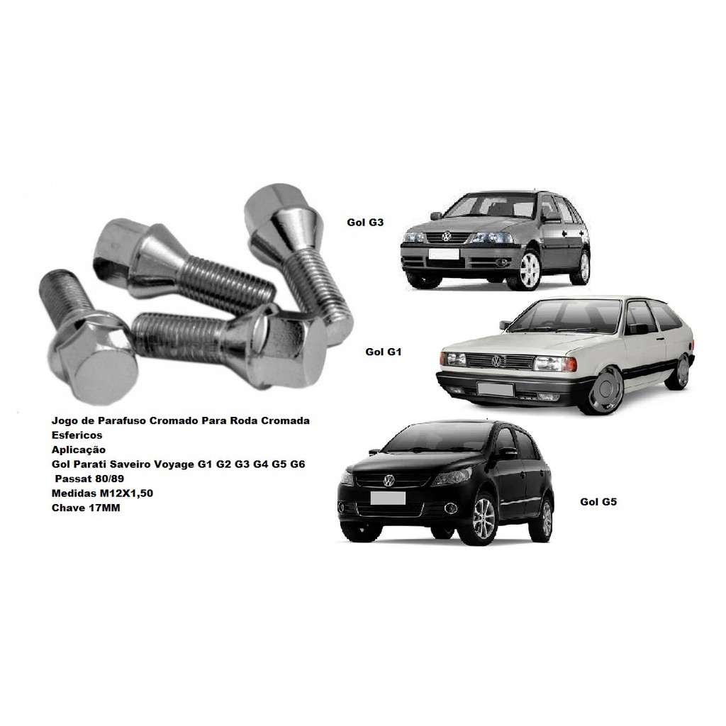 Kit De Parafusos de Roda Cromado Liga Leve Ferro VW Gol G1 G2 G3 G4 G5 G6 Parati Santana Voyage Saveiro Passat 86