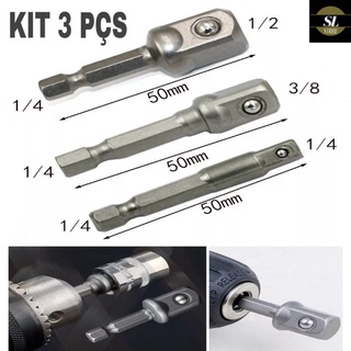 Kit 3 Adaptadores Soquetes Parafusadeira Furadeira 1/4 3/8 1/2