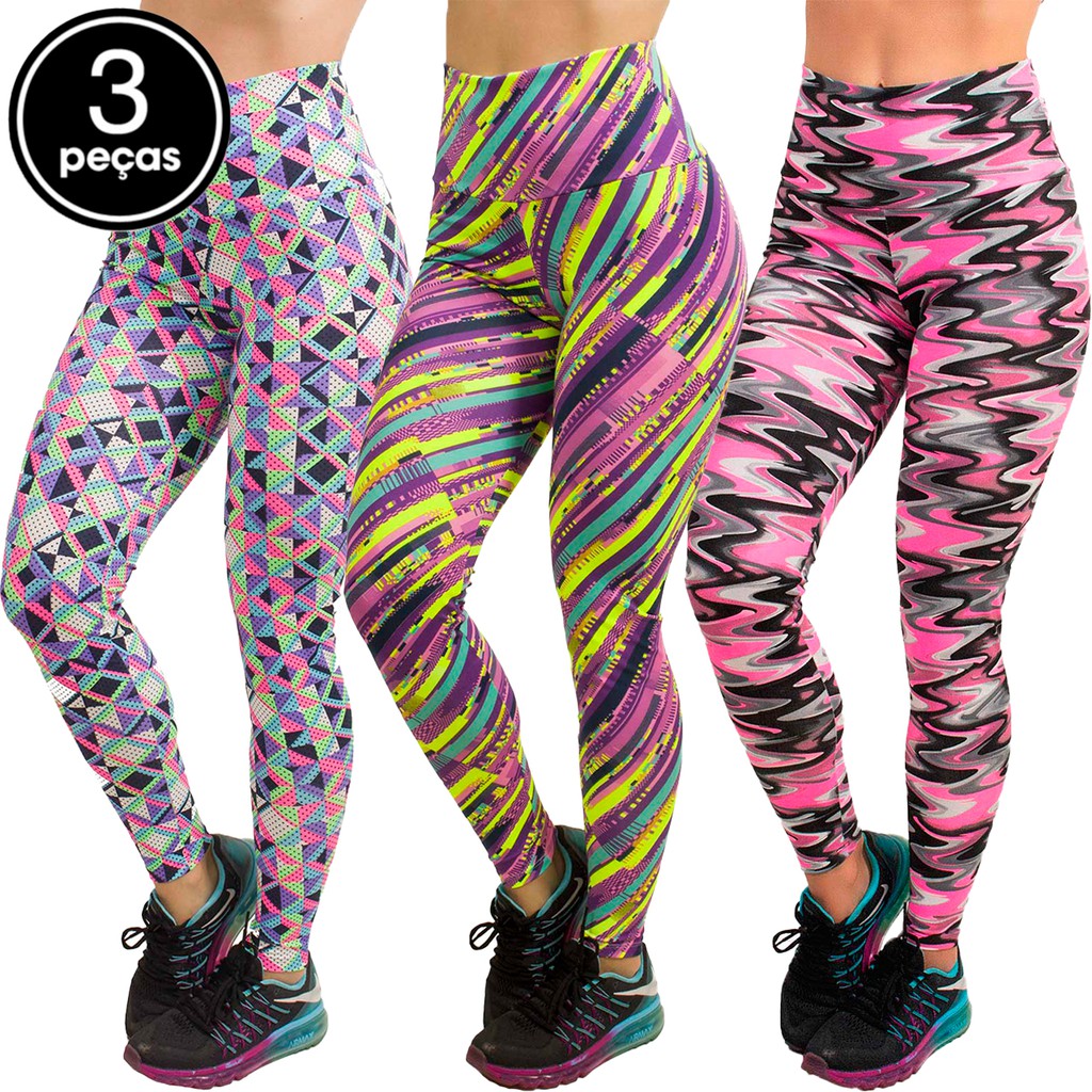 Kit 3 Calças Leg Feminina Estampada Roupa De Academia/treino Cós