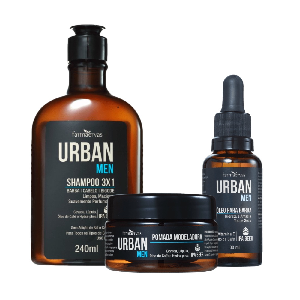 Kit Barba e Cabelo Shampoo 3 em 1 + Pomada Modeladora + Óleo para Barba - Urban Men