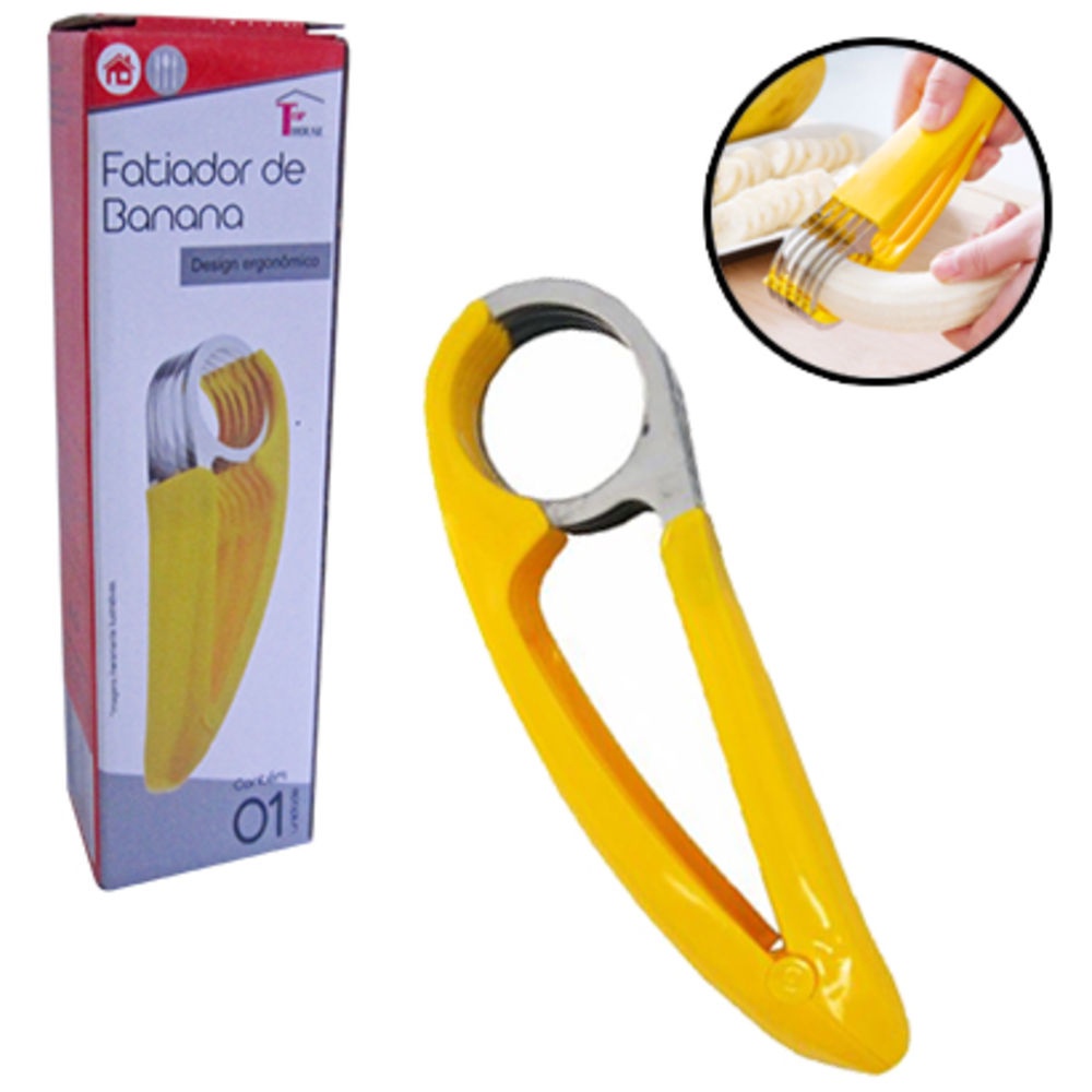 Kit Porta Banana em Plastico + Fatiador Cortador de Banana Amarelo