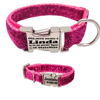 Coleira Personalizada Cachorro Gato Com Identificação Nome Telefone Gravado Laser Glitter Rosa Fecho e Metais Niquel Pet
