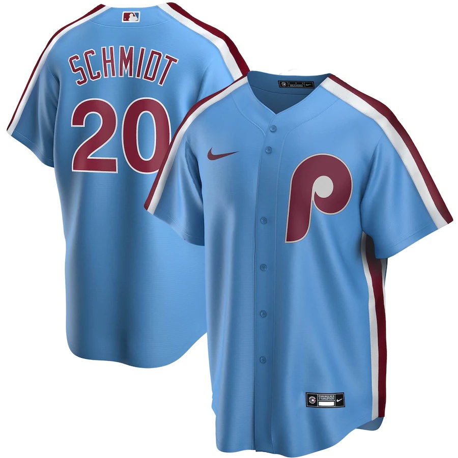 Masculino Camisa 2023MLB Philadelphia Phillies Mike Schmidt 2023 Coleção Cooperstown Camiseta Azul Claro De Beisebol Jersey