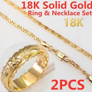 Moda Masculina De Luxo Requintada Feminina Pura 18K Colar De Corrente De Ouro Puro + Anel Padrão Jóias Real Noiva Presente