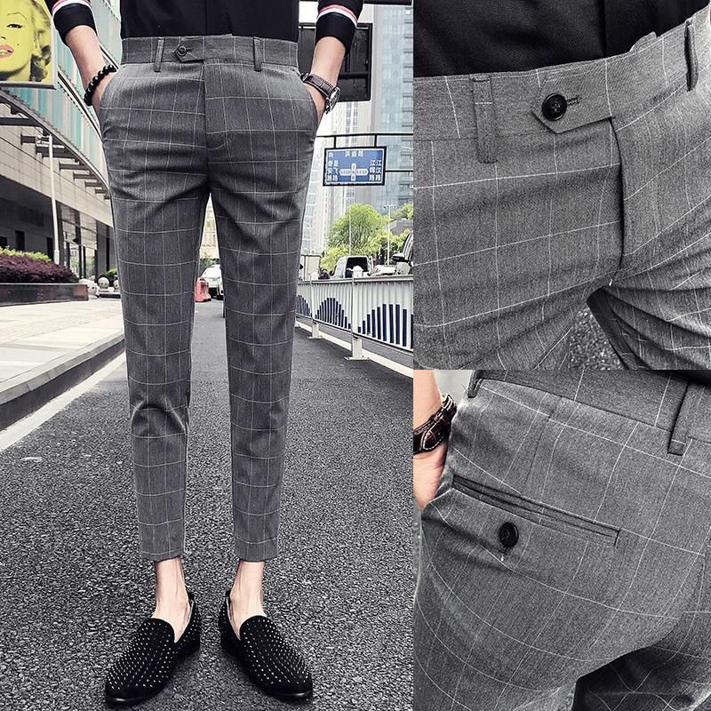 【 SHIP Em 24HR 】 Checkered Calças De Terno Formal De Tornozelo Masculino Casual Slim Fit Office Longas Black Slacks