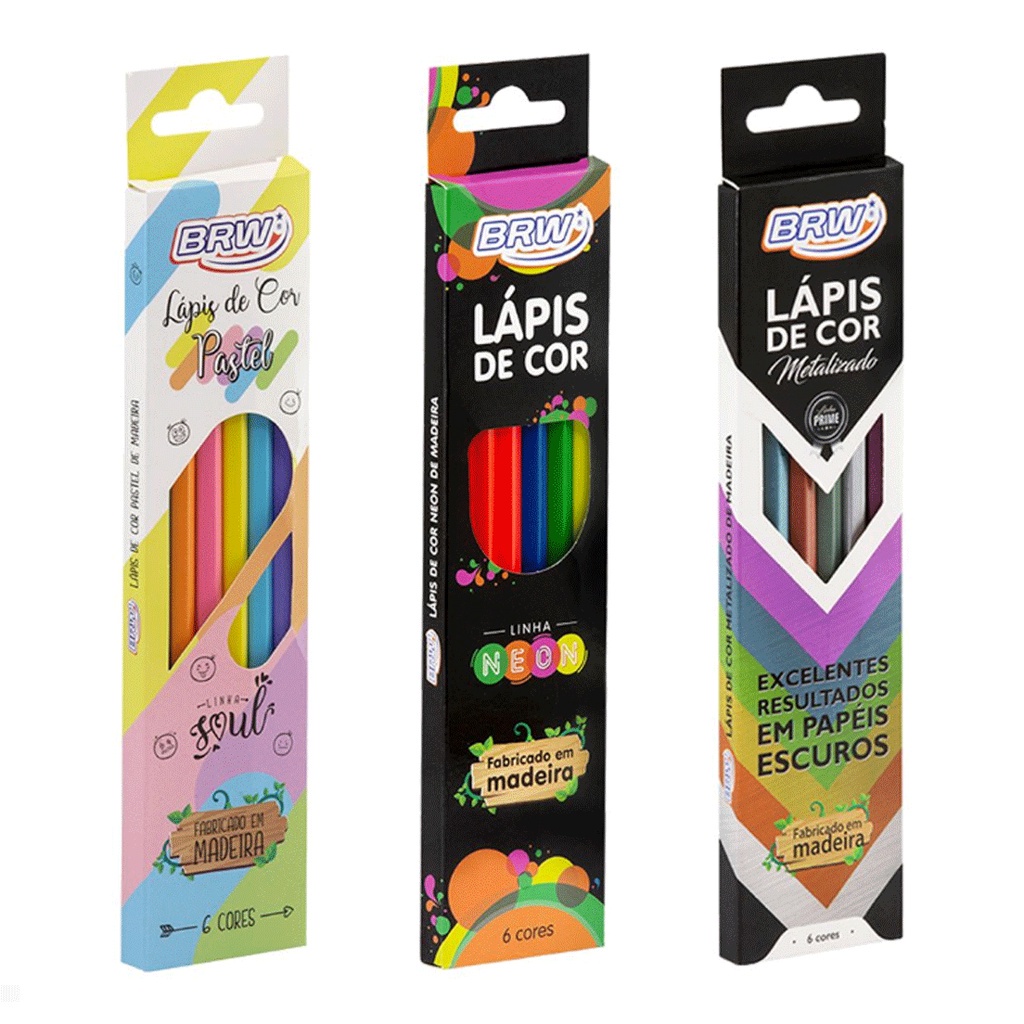 Kit Lapis de Cor Tons Pasteis Metalico Neon Sextavado BRW