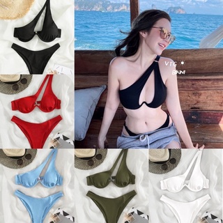 Fato De Banho Feminino Sexy Ribbed Cut Out E One Shoulder Bikini