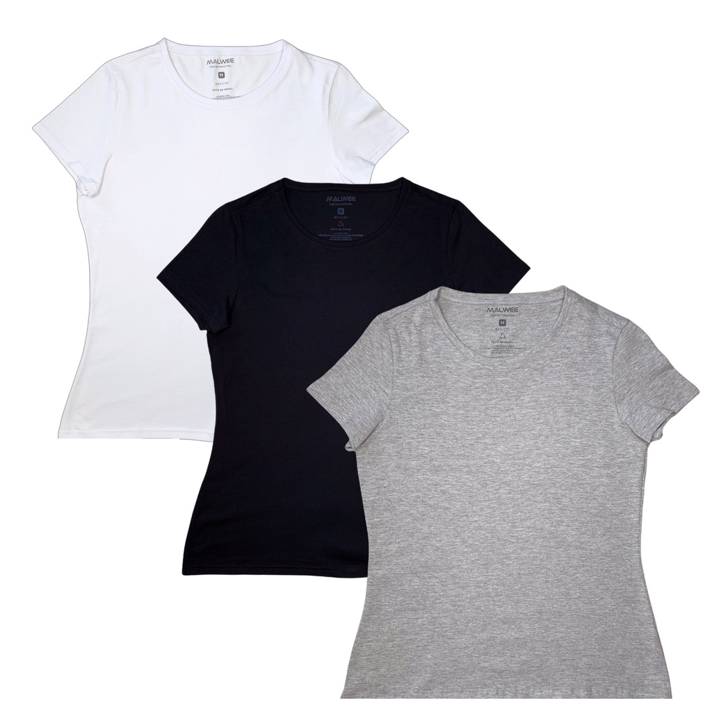 Kit 3 Blusas Básica Feminina Adulto em Algodão MalweeBlusa