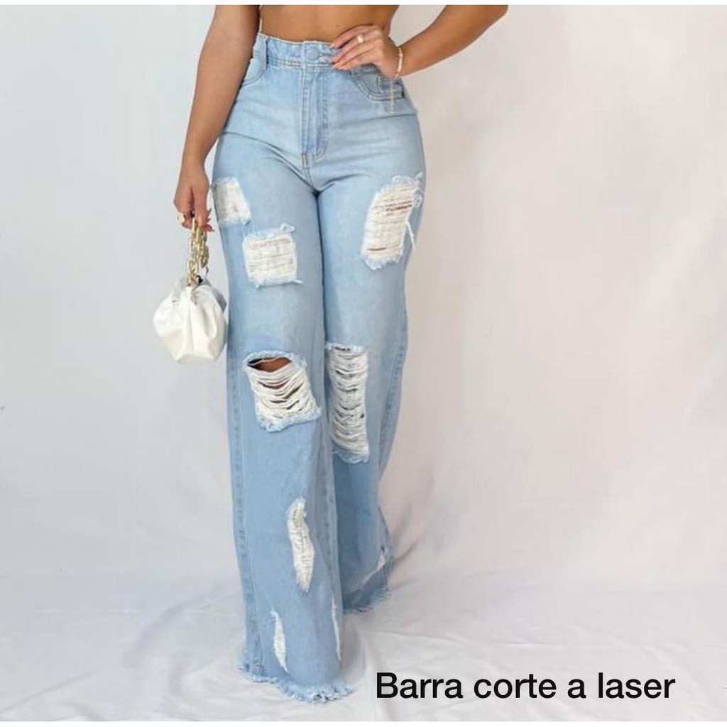 Calça jeans feminina pantalona cintura alta moda rasgada longa - R