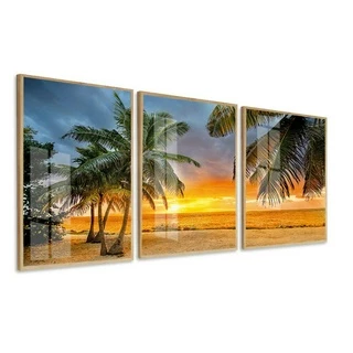 Quadro Decorativo Paisagem Pôr Do Sol Coqueiro Com Vidro