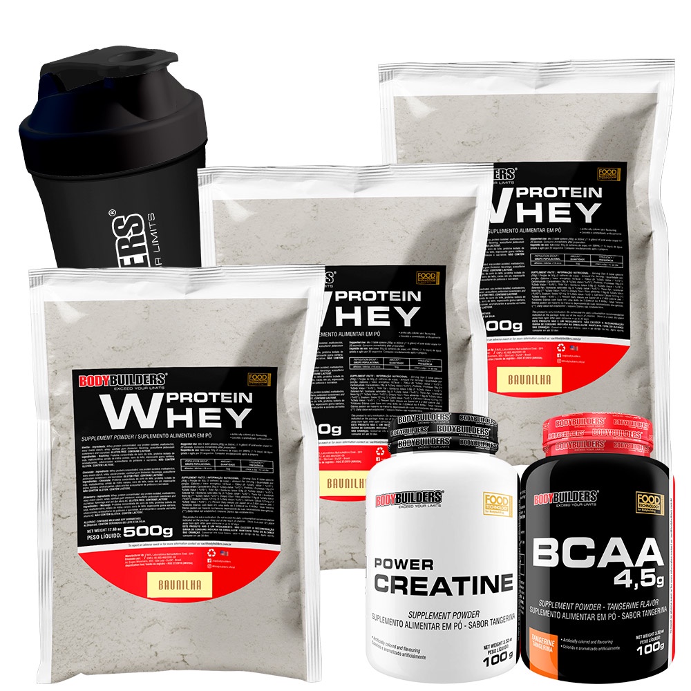 Kit 3x Whey Protein Concentrado em Blend Proteico 500g + BCAA 4,5 100g + Power Creatina 100g + Coqueteleira – Aumento de Massa Muscular – Bodybuilders