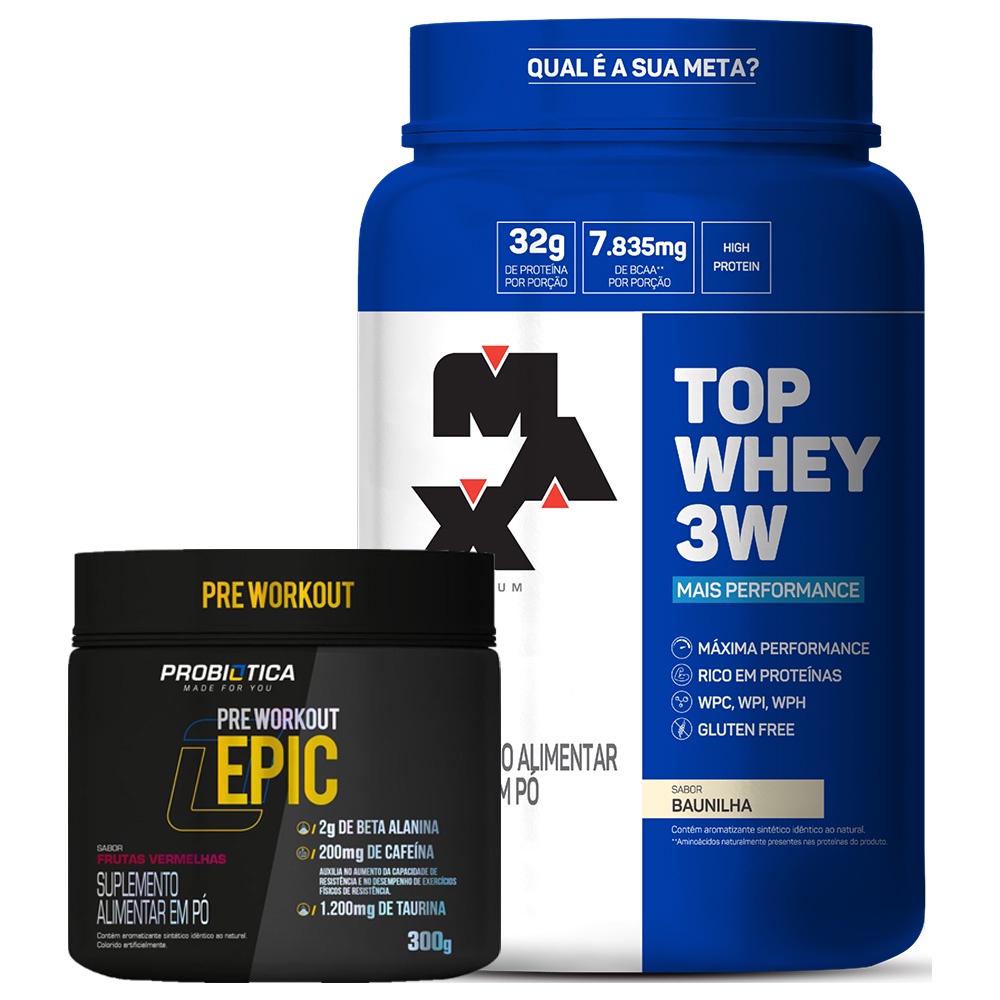 Kit Top Whey 3w 900 Max Titanium + Pré Treino Épic 300g Probiótica ...